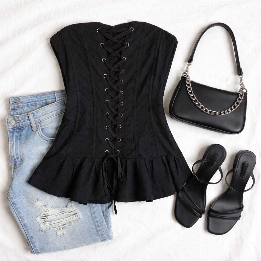 H&M Divided Black Strapless Lace-Up Corset Peplum Y2K Top Mini Dress Size 6